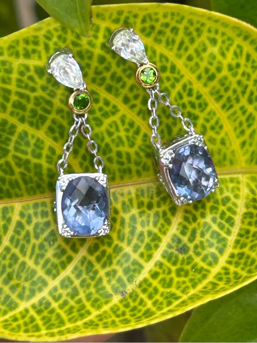 sterling silver 7ctw multigemstone clear topaz tanzanite peridot dangle earrings